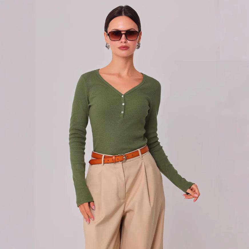 

European & American 2025 V-neck Ribbed Women s Slimming T-shirt, High-End Fashion Extra Extra Large оливковое зеленый