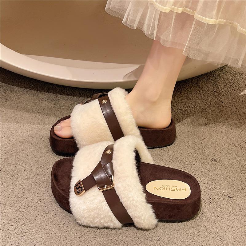 2025 Autumn and Winter Fashion Niche High-end Baotou Ins Trendy and Comfortable Plush Warm and Heightening Fluffy Slippers
