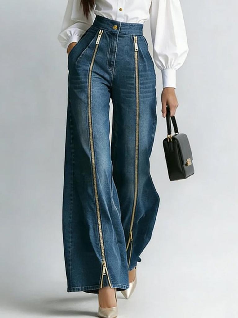 European and American Double Zipper Wide-leg Jeans for Women, Fashionable and Casual Straight Trousers, Wholesale