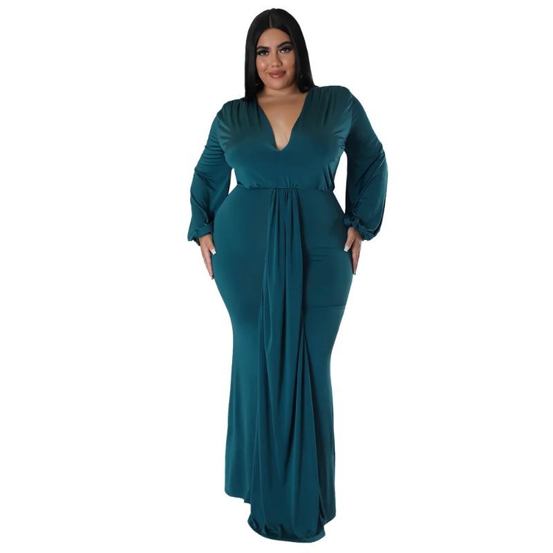 Plus Size Black Deep V Neck Long Sleeve Ruched Bodycon Maxi Dress