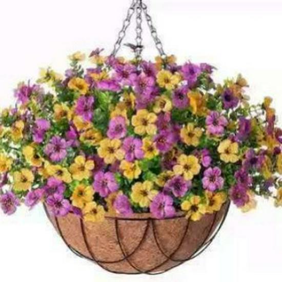 Violet Flowers Iron Frame Hanging Basket for Outdoor Spring/Summer Decor