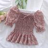 Women's Puff Sleeve Chiffon Shirt Off Shoulder Square Neck T-Shirt Slim Fit Women's Floral Top  Womens Blouses