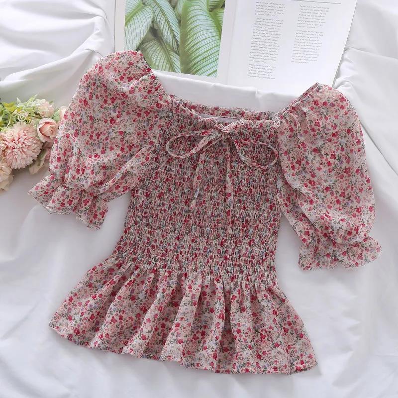 Women's Puff Sleeve Chiffon Shirt Off Shoulder Square Neck T-Shirt Slim Fit Women's Floral Top  Womens Blouses