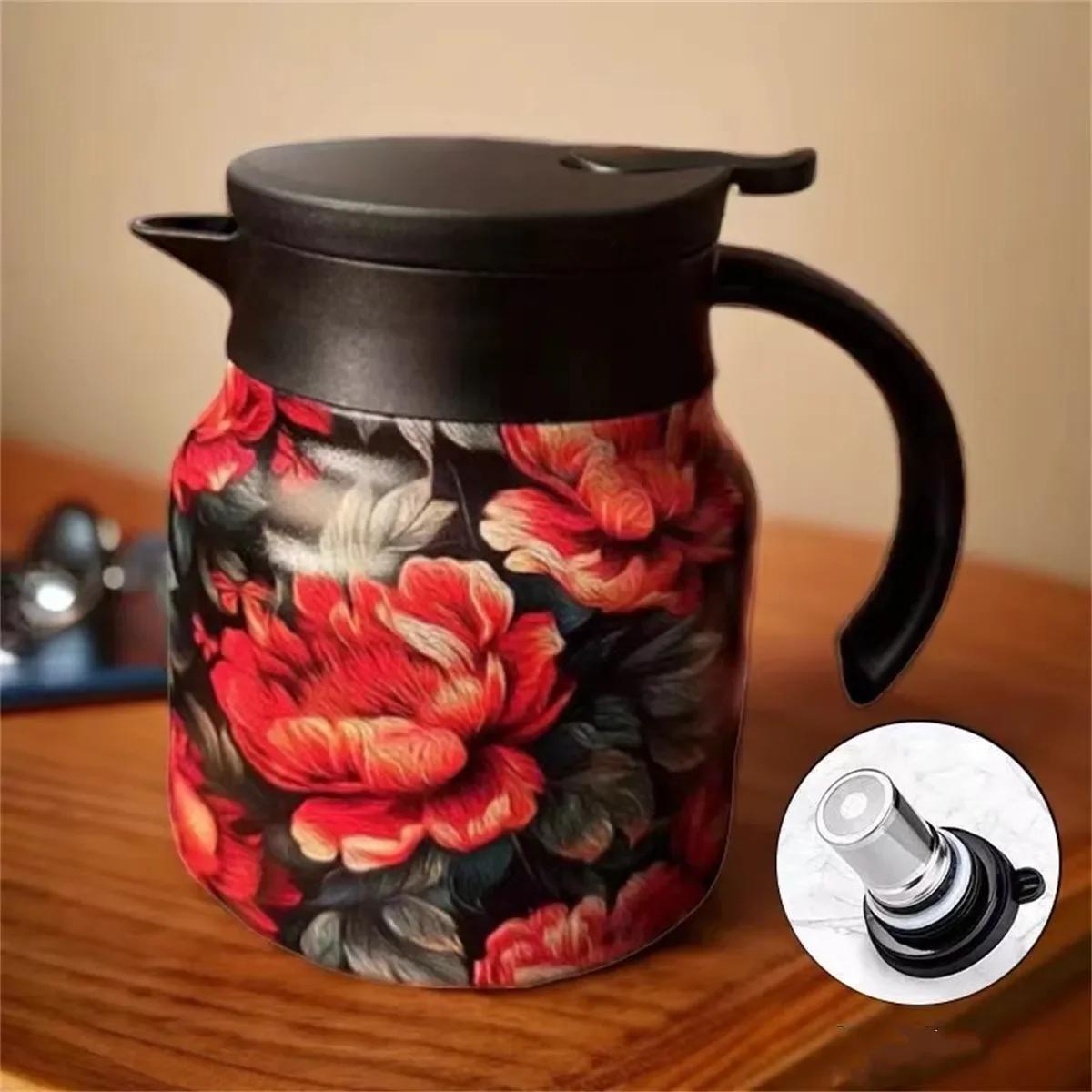 

316 Stainless Steel Thermal Carafe 800ml Coffee Pot with Floral Painting with Tea Infuser Keep Warm Function Tea Pot Coffee Cup