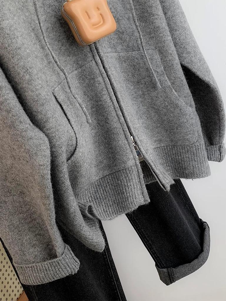 Hooded Zipper Knit Cardigan - 2025 Autumn/Winter Collection, Loose Fit, Solid Color, Casual Versatile Top