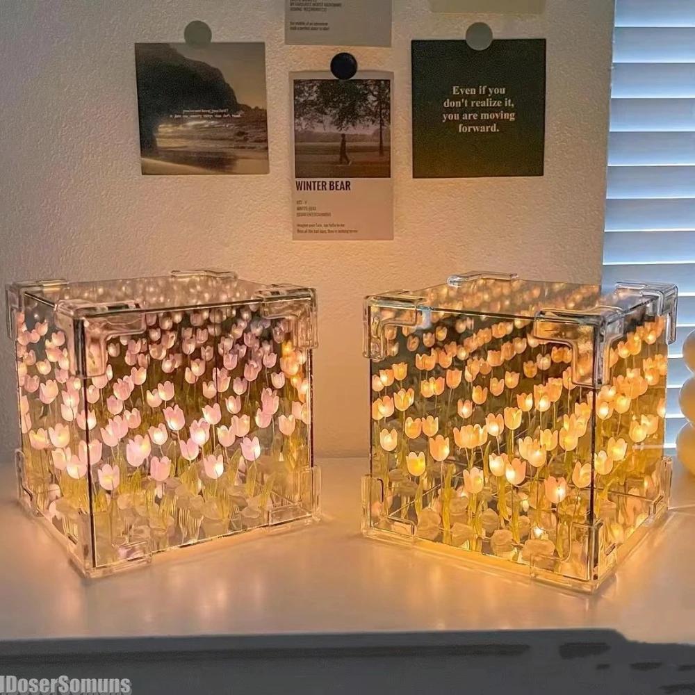 Handmade Tulip Nightlight DIY Material Cube Tulip Mirror Bedroom Decor Atmosphere Lamp Valentine's Day Birthday Gift