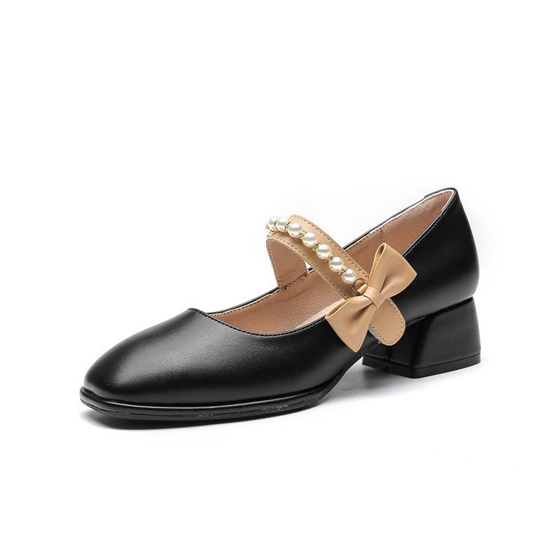Chunky Heel Women's Mary Jane Shoes - Genuine Leather, Height-Boosting, Soft Low Heel, Perfect for Office Skirts, 3cm