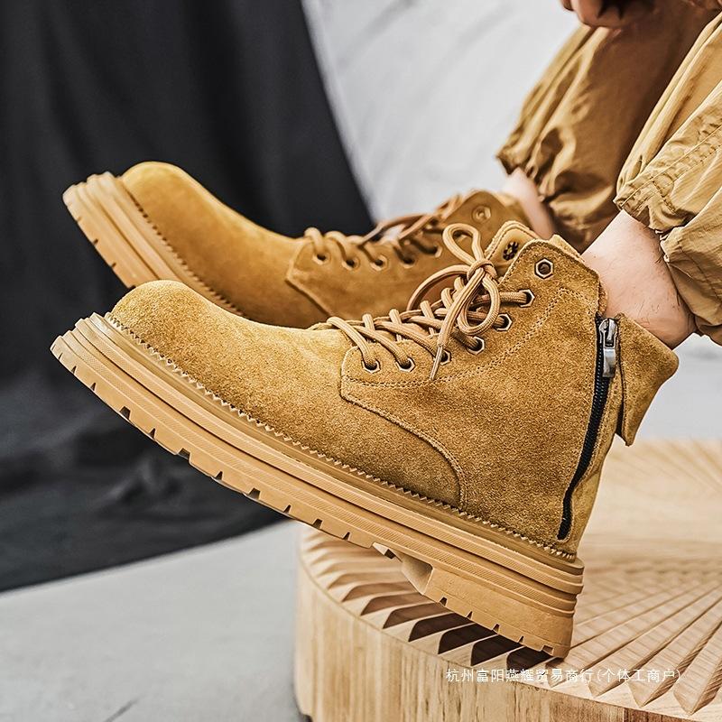 Martin boots men's high-top autumn and winter 2024 new side zipper rhubarb boots British style tooling boots turned fur leather shoes men