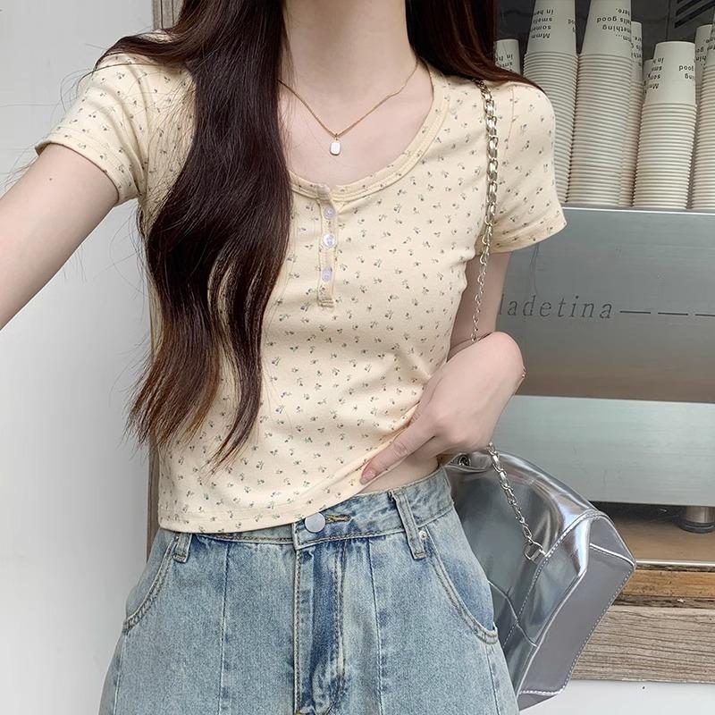 Pure desire Spice Girl floral T-shirt women s summer thin design sense niche bm wind positive shoulder thin small short-sleeved top S абрикосовый