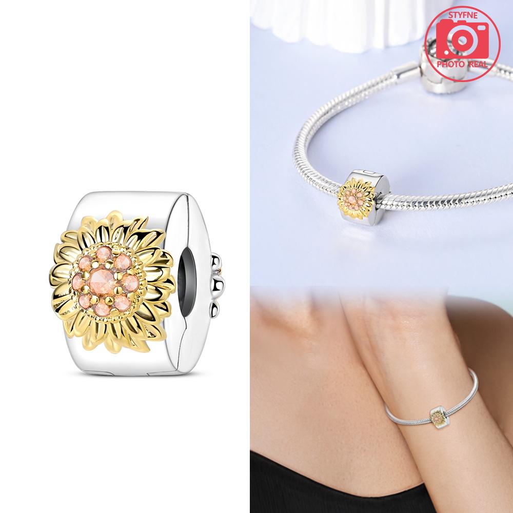 Copper Colors Blooming Sunflower Fixed Clip Bead Charms Compatible With Authentic Bracelets Do It Yourself Fine Jewellery Gift for Women