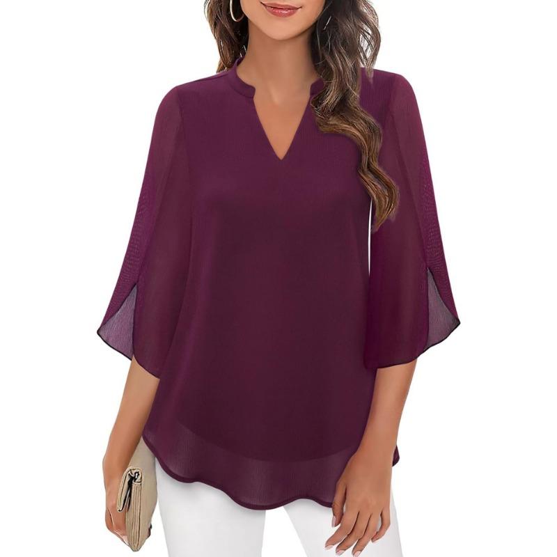 Fashion Loose Casual Summer Chiffon Blouse Women Loose V-neck Shirt Elegant Short Sleeve Solid Color Top Office Ladies Female Basic Women's Clothing