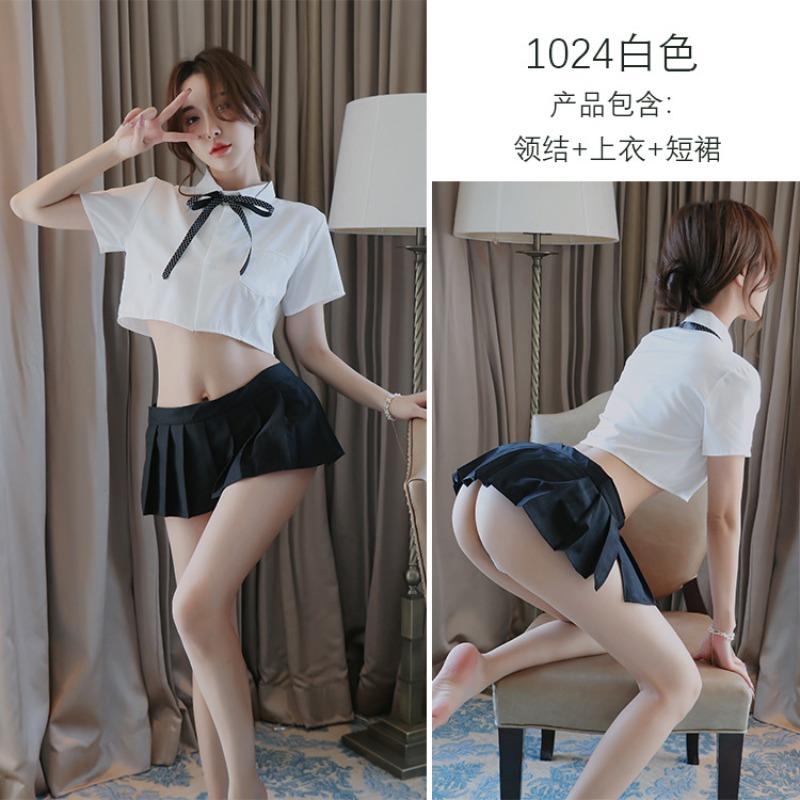 Long Night Sexy Underwear Sexy Perspective White Shirt Bow Uniform Temptation Pleated Skirt