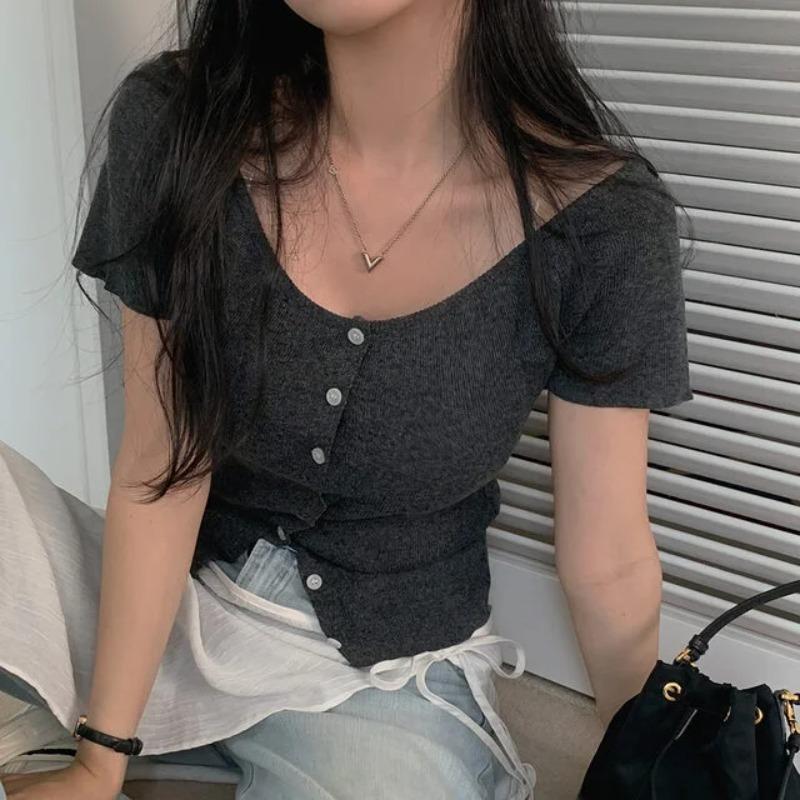 

Вязаный женский с коротким рукавом Тонкий дизайн Смысл французского темперамента V-образный вырез С открытыми плечами Чистое желание Тонкий