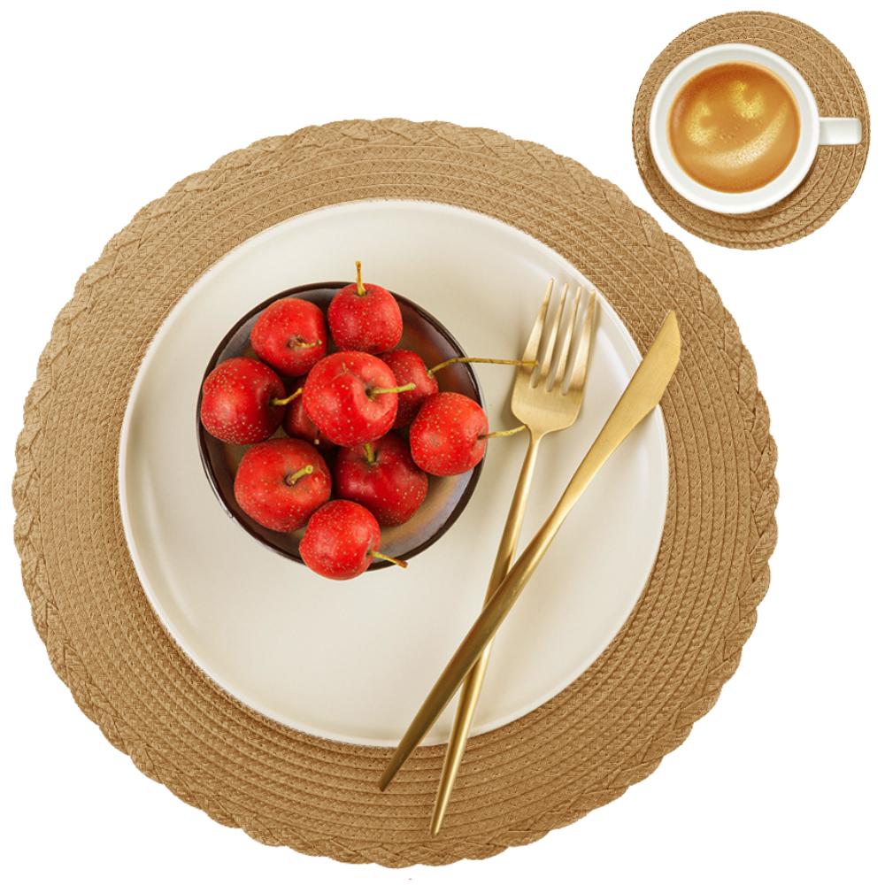 Set of 6 Round Braided Placemats 34CM Table Mats for Dining Tables Christmas Halloween Woven Washable Non-Slip Place mats