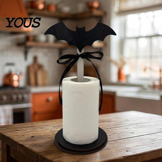 Cute Bat Witch Hat Decor Halloween Paper Towel Roll Holder, Ghost/Pumpkin/Witch's Hat/Bat Decor, Durable Festive Home Gift Wood Standing Reel