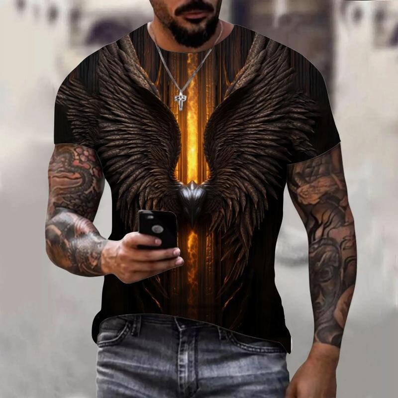 Summer Round Neck 3D Wing Pattern Print Top Fashionable Casual Short Sleeved Men's T-shirts