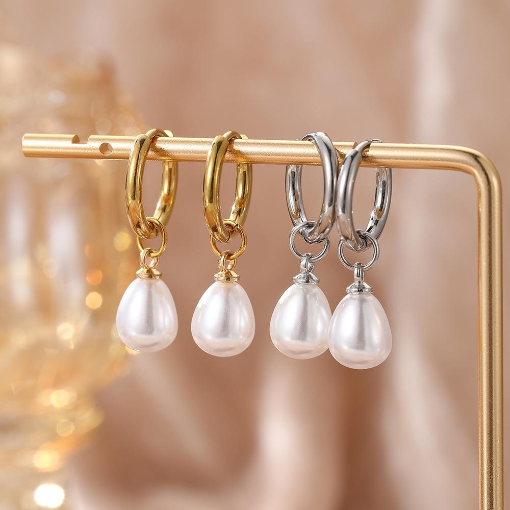 Simple Temperament Teardrop-shaped Imitation Pearl Pendant Stainless Steel Hoop Earrings for Women Daily Commuting Jewelry Gifts