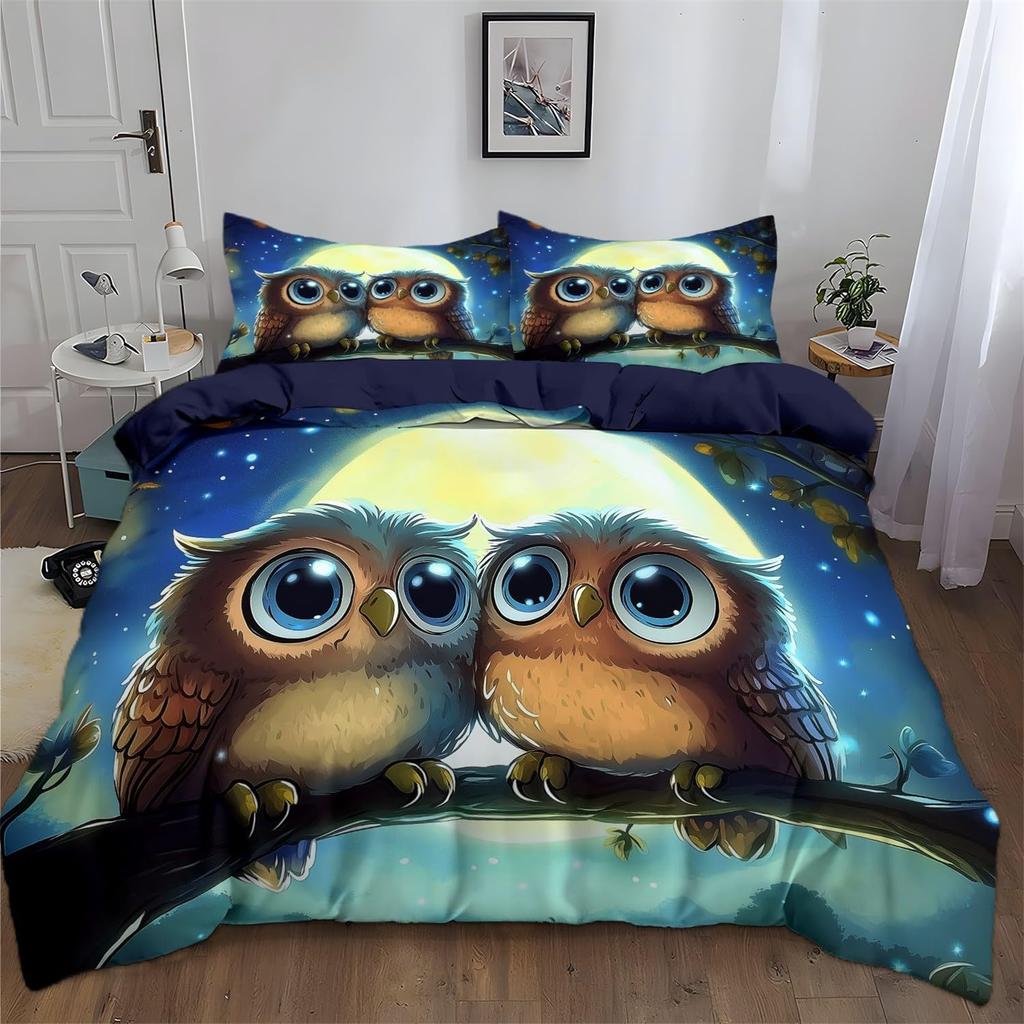 Cartoon Birds Owl Duvet Covers Single Size Printed Quilt Cover Set With Zipper,Microfiber Soft Breathable Reversible Bedding Set