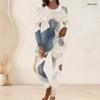 Women Plus Size Abstract Printed Two Piece Set Round Neck Long Sleeve Longline Top Fitted Pants