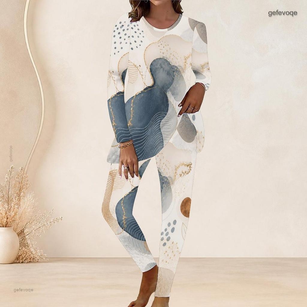 Women Plus Size Abstract Printed Two Piece Set Round Neck Long Sleeve Longline Top Fitted Pants