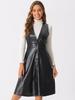 Allegra K Women's Faux Leather V-Neck Dress, Metallic, Sleeveless, Button-Down, Party Midi Dress, Black, Size M