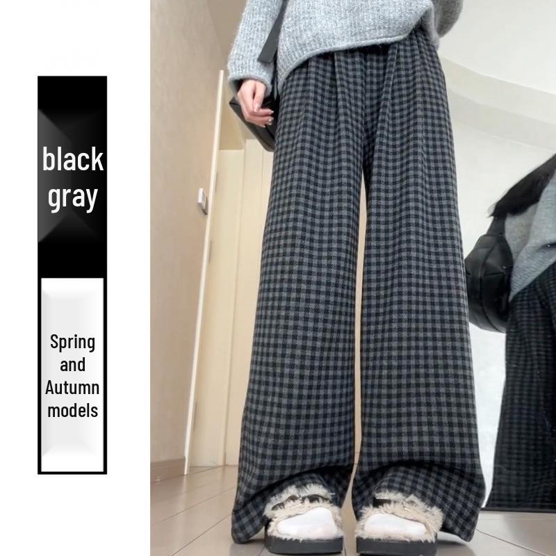 Maternity Wool Plaid Wide-Leg Pants - Black & Gray, Plus Velvet for Autumn/Winter XL