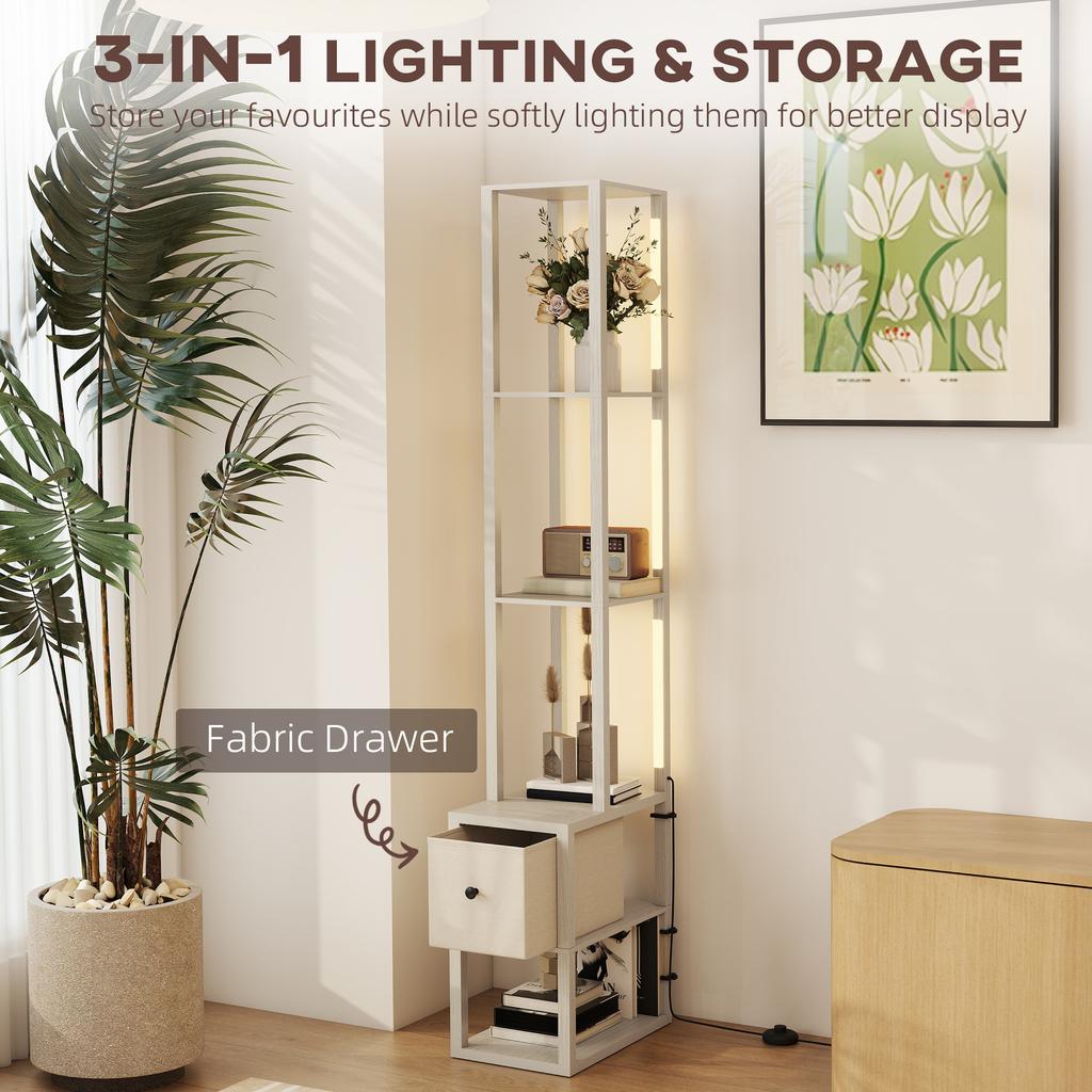 Floor Lamp with Shelves, LED Column Modern Standing Lamp with Fabric Drawer, Adjustable Brightness, Foot Switch for Living Room, Bedroom, Office, Oak