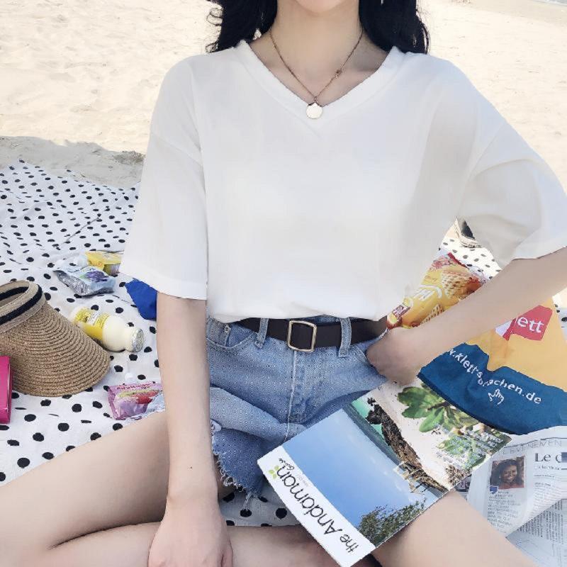 Solid Color V-neck Loose Casual Short-sleeved T-shirt for Women's Summer Clothing Korean Style Student Tops Women's Base Shirt Women's Clothing
