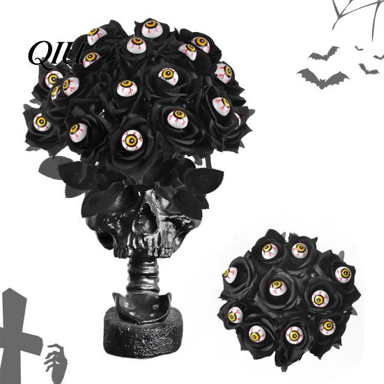Cascading Green Leaves Decor Halloween Flowers with Eyeball, Fake Bouquet Roses, Artificial Water-free Flower Decoration Stems for Vase