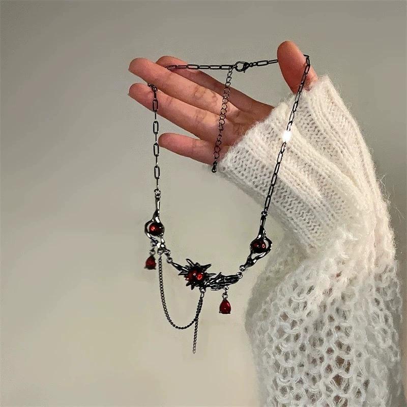 Punk Dark Style Red Zircon Tassel Star Pendant Clavicle Necklace For Women