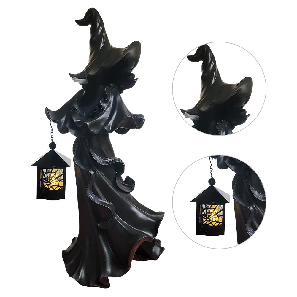 Halloween Witch Ghost Ornament Resin Horror Ambience Carrying Lights Spooky Ghost with Lantern Witch Statue Ghost Sculpture