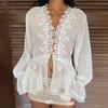 French Elegant Pure Desire Lace Splicing Chiffon Lace-Up Flared Sleeve T-Shirt Fashion Vacation Style A Pendulum Blouse Top