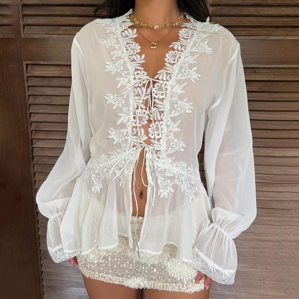 French Elegant Pure Desire Lace Splicing Chiffon Lace-Up Flared Sleeve T-Shirt Fashion Vacation Style A Pendulum Blouse Top