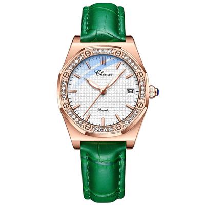Waterproof and Rainproof Leather Wristwatch with Luminous Calendar Rhinestone Green Gold Perfect As a Gift for or New Women's Dial, Function, Accents,