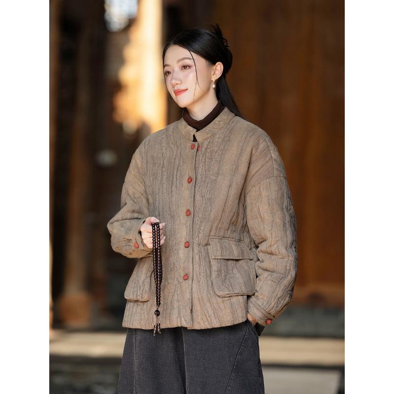 

25 winter new retro ramie handmade tie-dye fried color old padded cotton thickened warm top women s short cotton-padded clothes One size