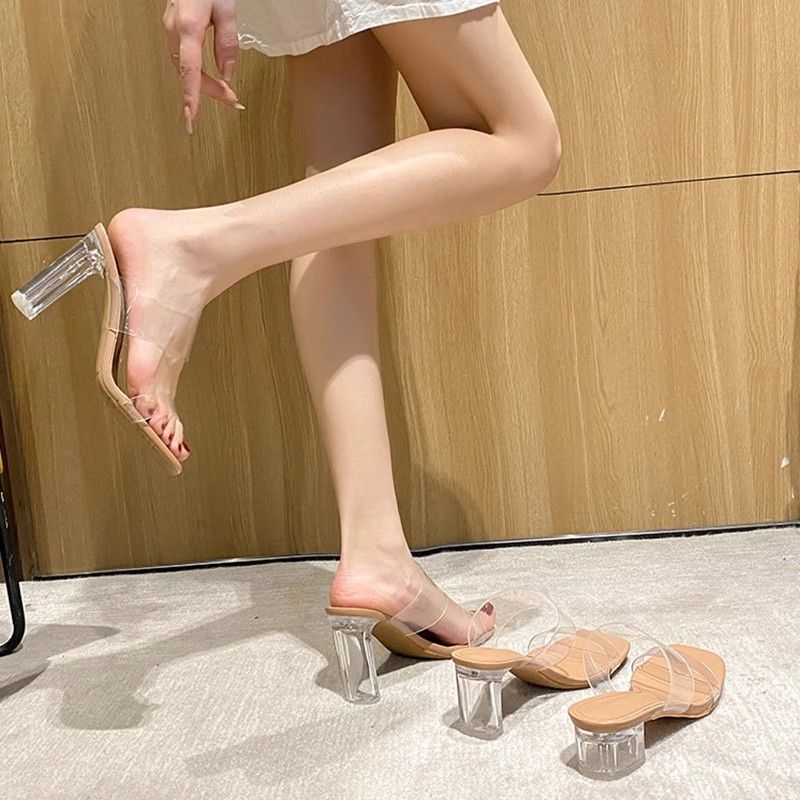 High Heels Sandals Women's Summer New Fashion Transparent Middle Heel Crystal Shoes Fashion Thick Heel Outer Slippers