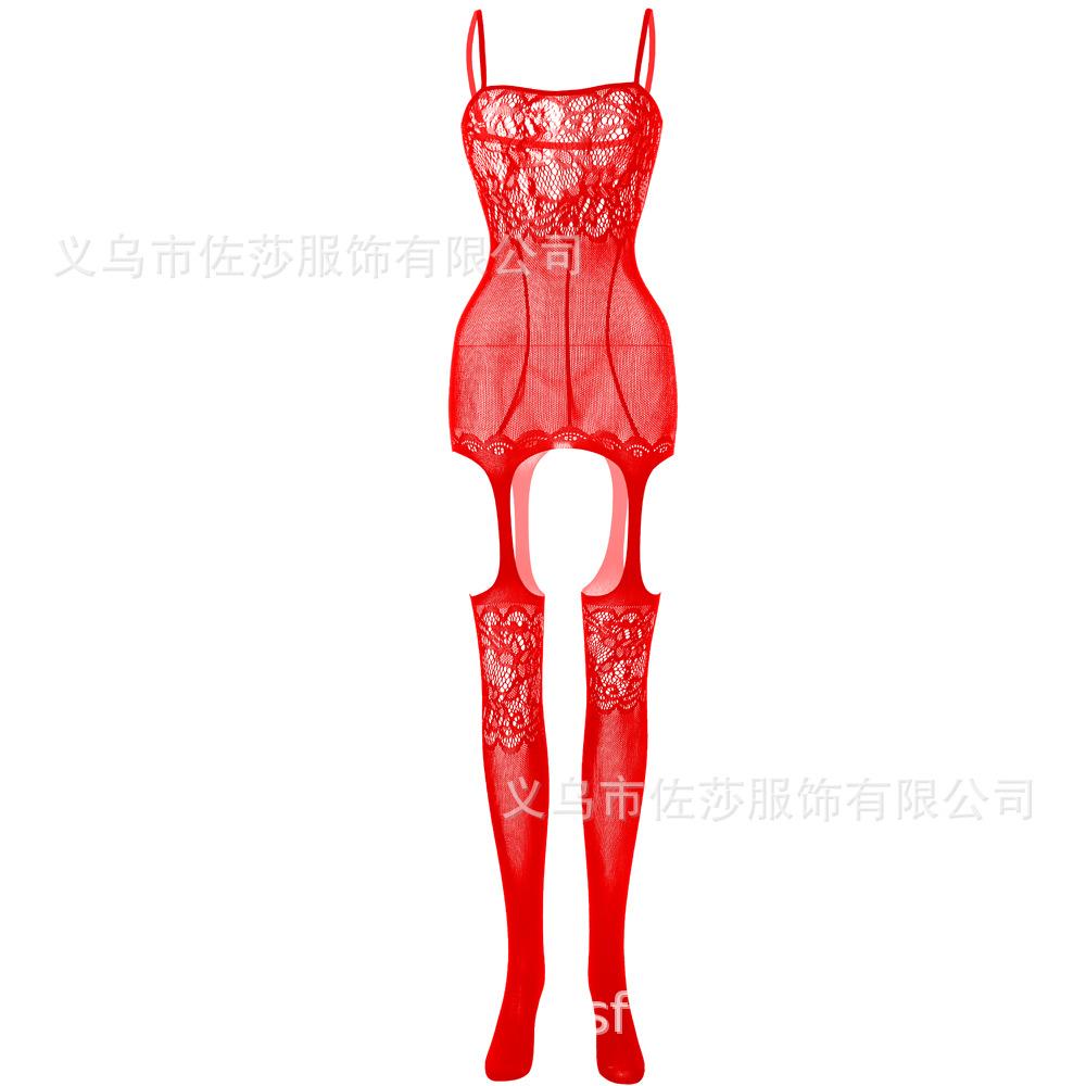 Sexy lingerie women's hollowed-out stockings tight mesh clothes one-piece hanging adjustable shoulder straps