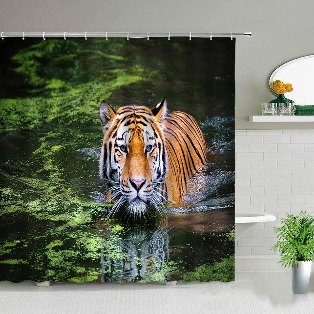 Africa Grassland Wild Animals Printed Shower Curtains Tiger Lion Waterproof Fabric Bathroom Curtains Bathtub Decor with Hooks