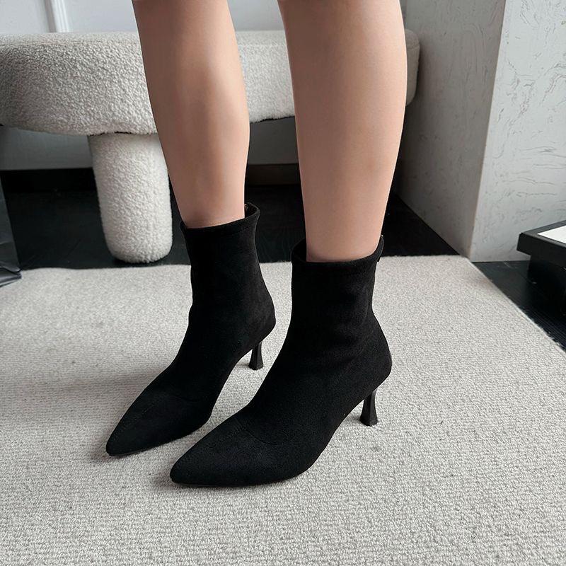 Stiletto Boots Black European and American Fashion Thin Boots Pointed Suede Retro High-heeled Elastic Socks High Sense