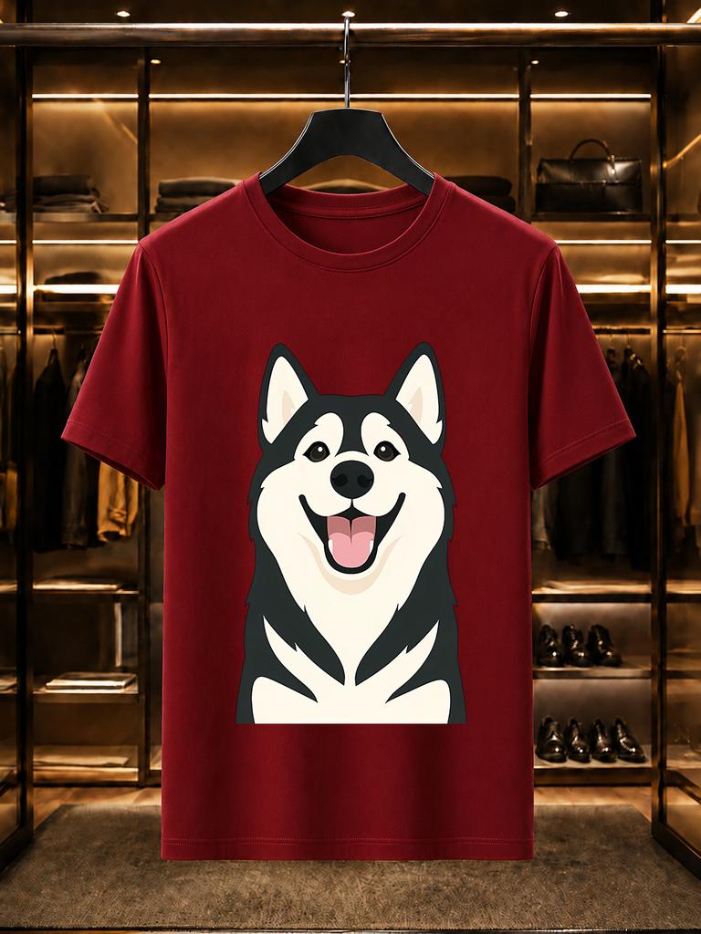 2026 New 100 Cotton Tshirt Happy Smiling Husky Pet Dog Illustration Graphic Tees Fashion Short Sleeve
