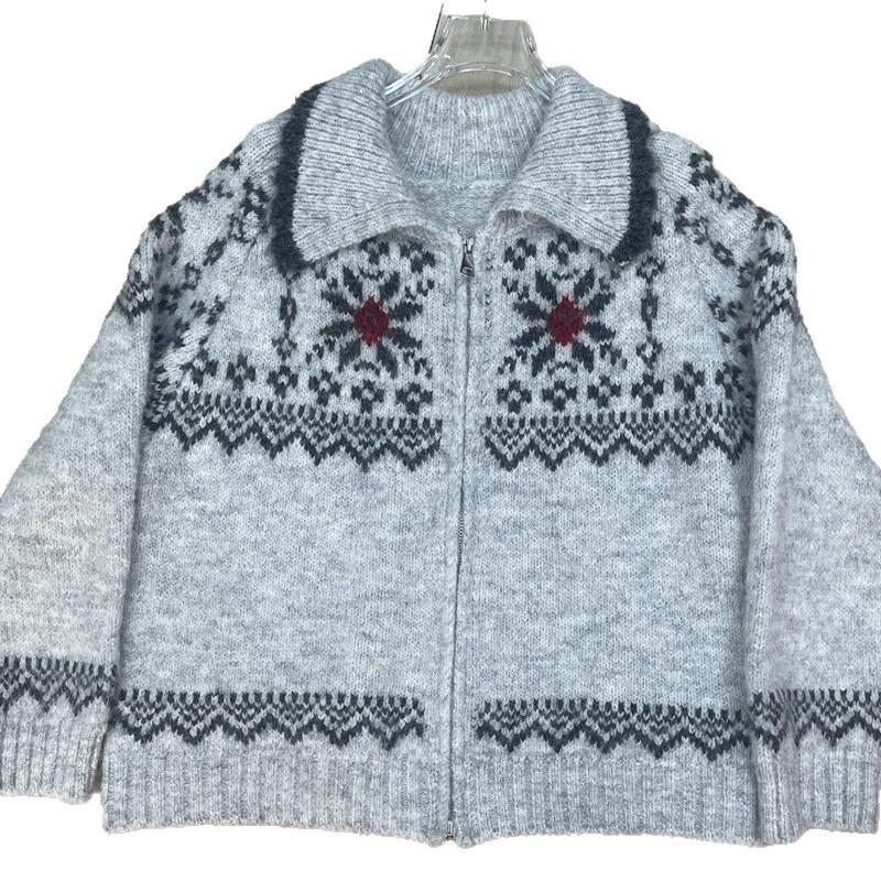 Fair Isle Knit Cardigan With Zipper Collar Loose Fit Winter Sweater Women
