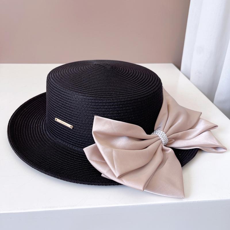 Ins Chic Summer Pearl Big Bowknot Grass Holiday Panama Lady Fedoras Cap Women Leisure Jazz Hat