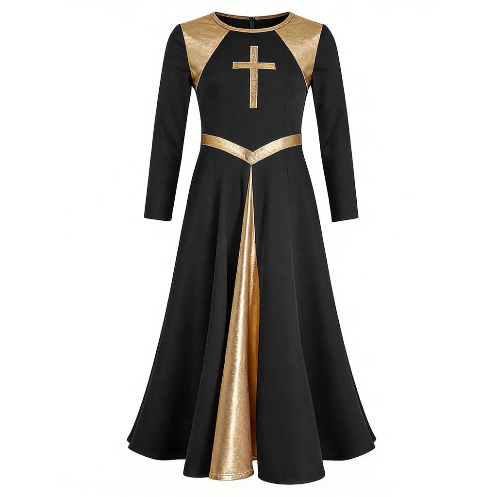 Girls Shiny Round Neck Church Dress Long Sleeve Contrast Color Dancewear