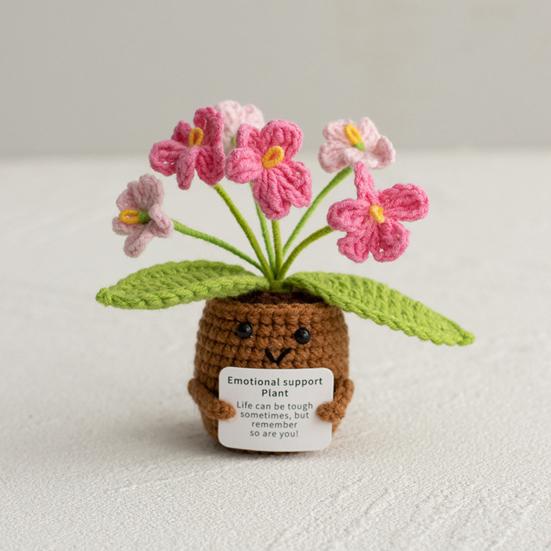 Heklet potteplante med positivt kort Emosjonell støtte Håndlaget strikket potteplante Dukke Stressreduserende leketøy Skrivebordsdekorasjon Ornament