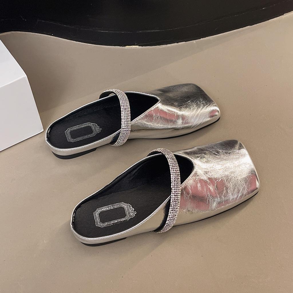 French Gentle Rhinestone Sparkling Slippers Female 2025 Summer New Square Head Slope Heel Evening Fairy Wind Cool Slippers