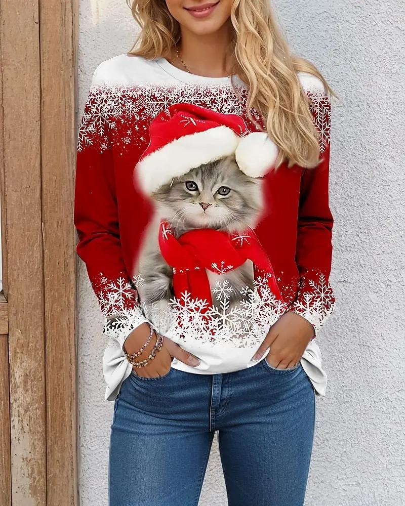 Large-sized Funny Women Christmas Cat Pattern T-Shirts Autumn Long Sleeve Christmas Snowflakes 3D Printed Street Ladies Clothing Casual Tops