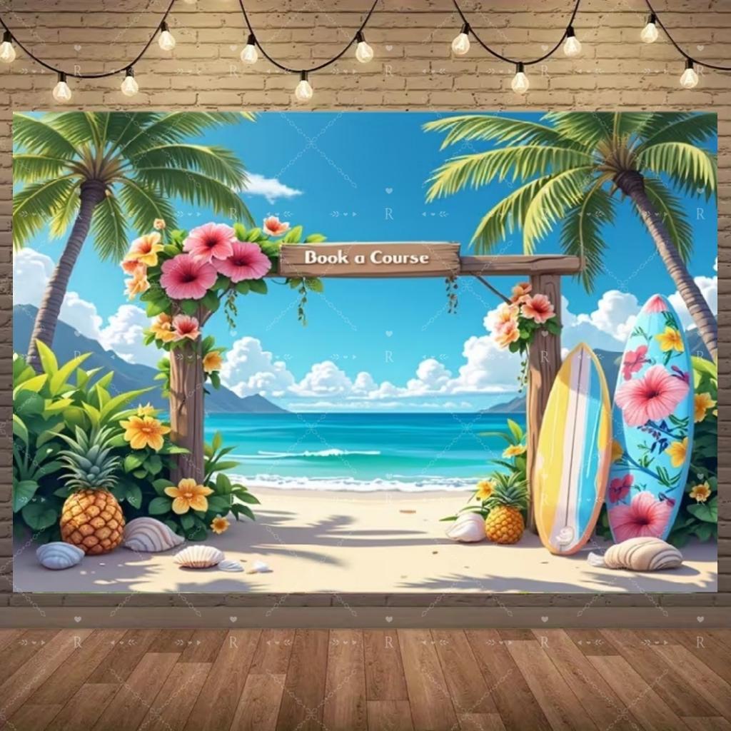 Summer Beach Holiday Party Decoration Backdrop Sunshine Flamingo Ocean Surfboard Portrait Photography Background Props Banner