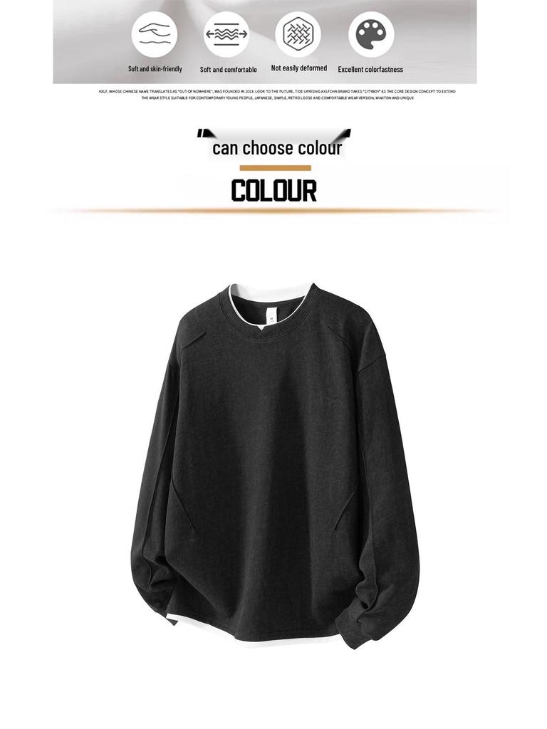 Men's Black Gray Hoodie - Trendy Washed Fabric, Fake Two-Piece Design, 260g