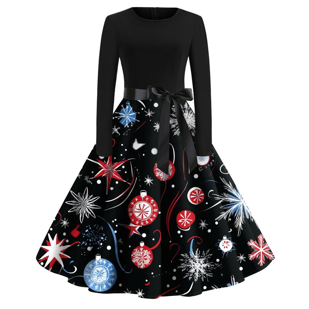 Women's Fashion Round Casual Slim Fit Christmas Print Large Swing Long Sleeve Dress