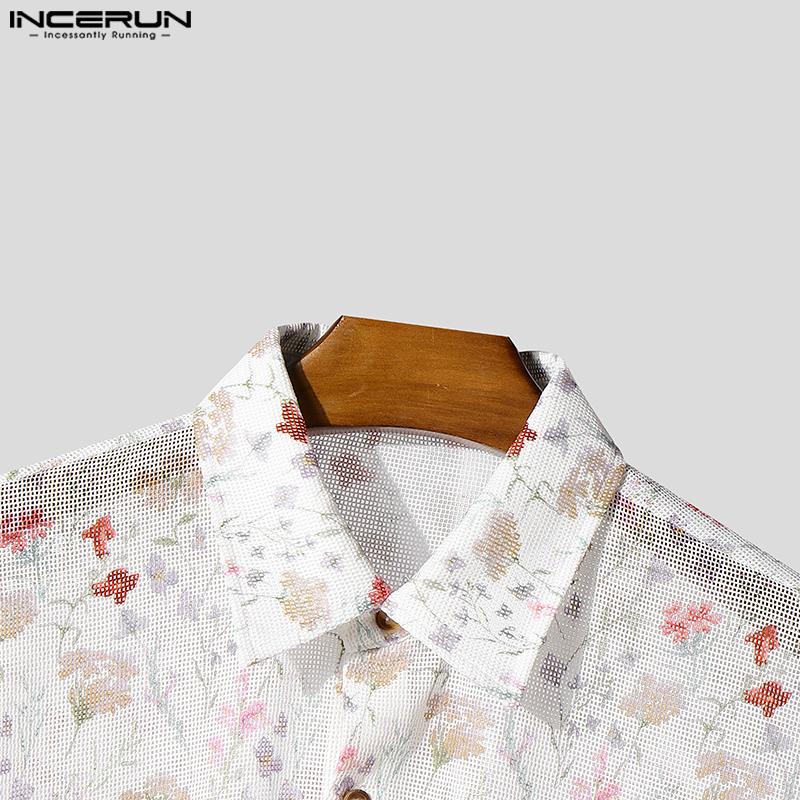INCERUN Mens Oversized Long Sleeve Button Down Hollow Out Floral Print Casual Loose Shirts